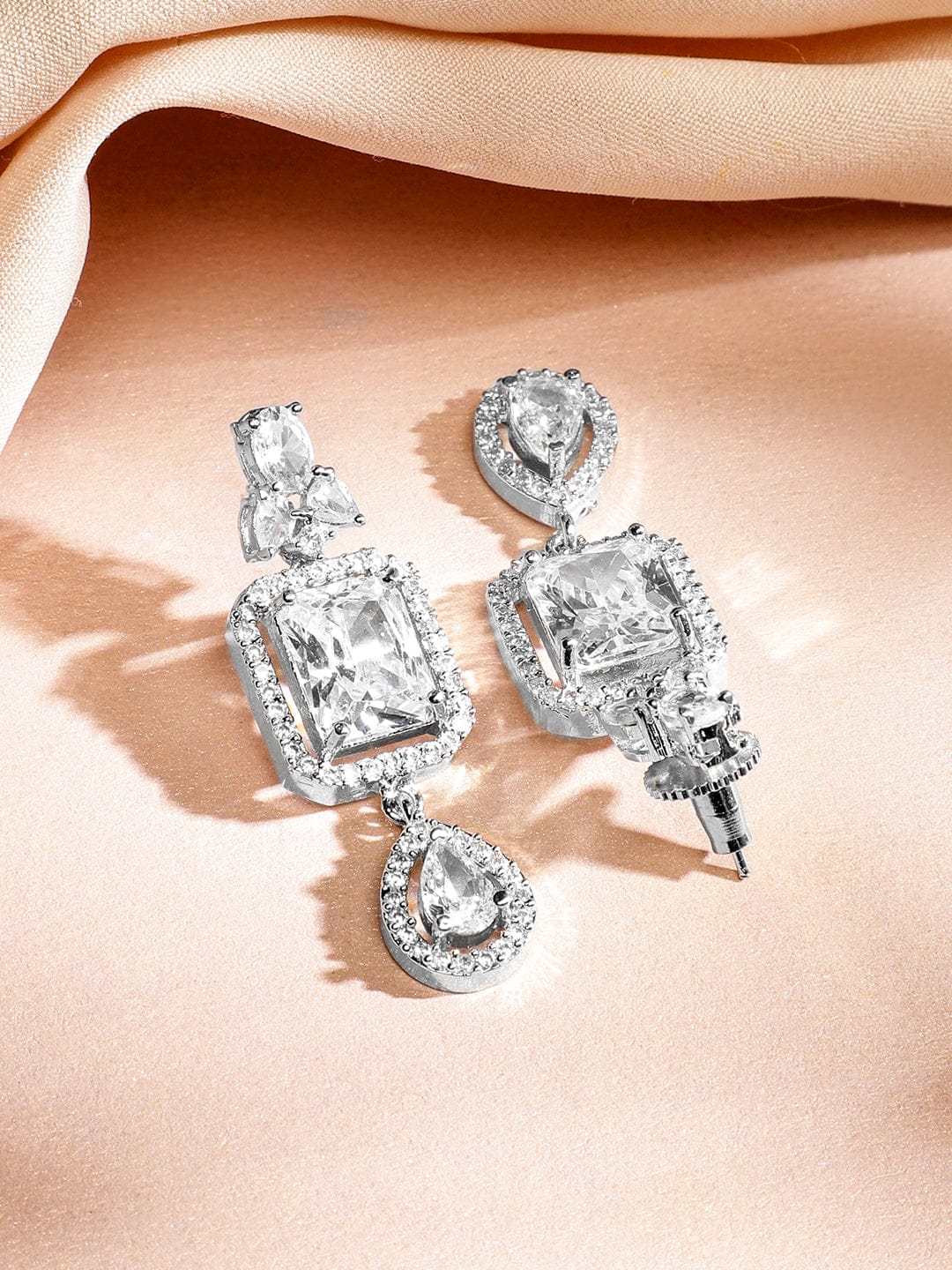 Rubans Rhodium-Plated White Cubic Zirconia Studded Luxe Double-Layer Necklace Set Jewellery Set