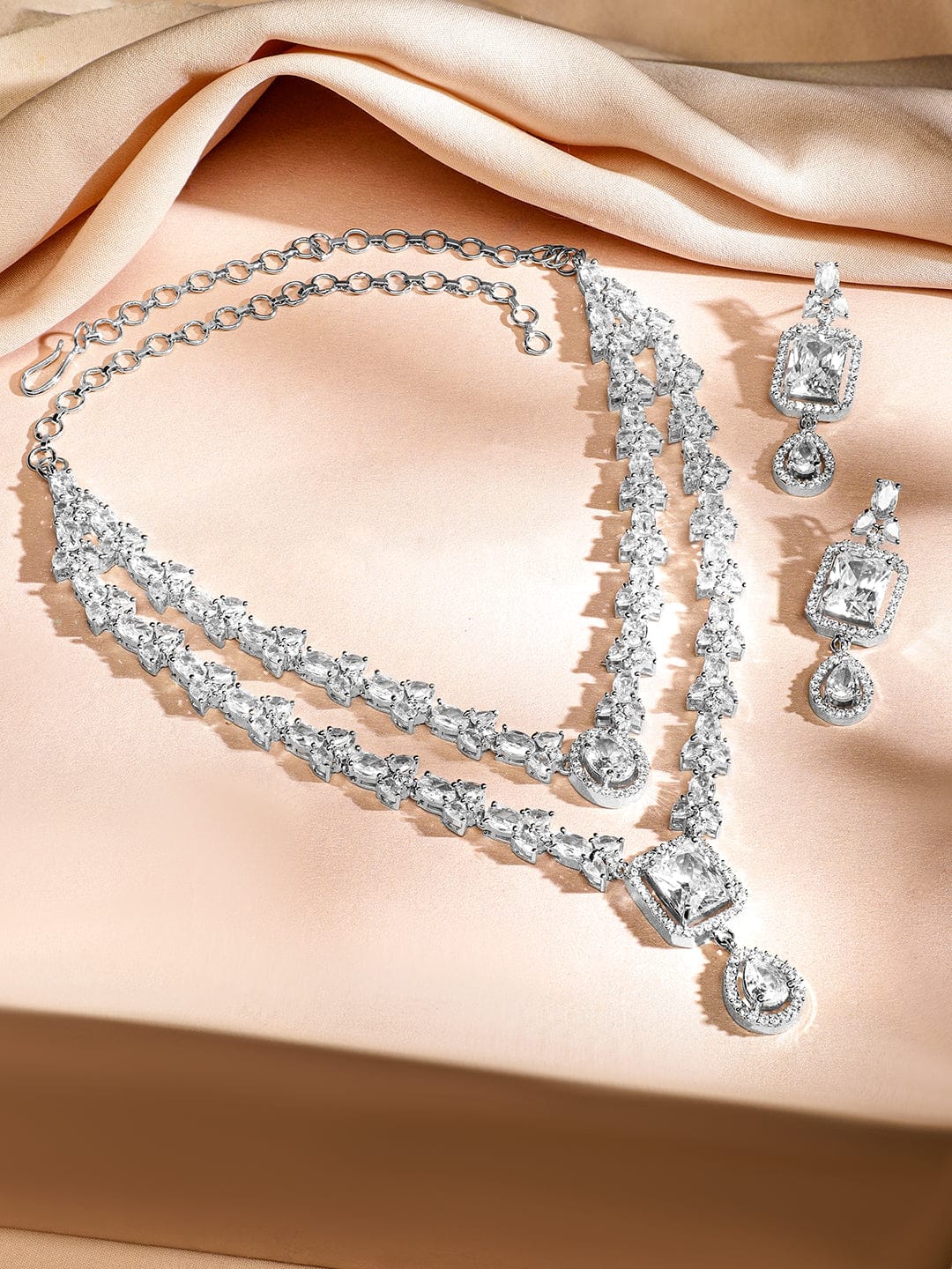 Rubans Rhodium-Plated White Cubic Zirconia Studded Luxe Double-Layer Necklace Set Jewellery Set