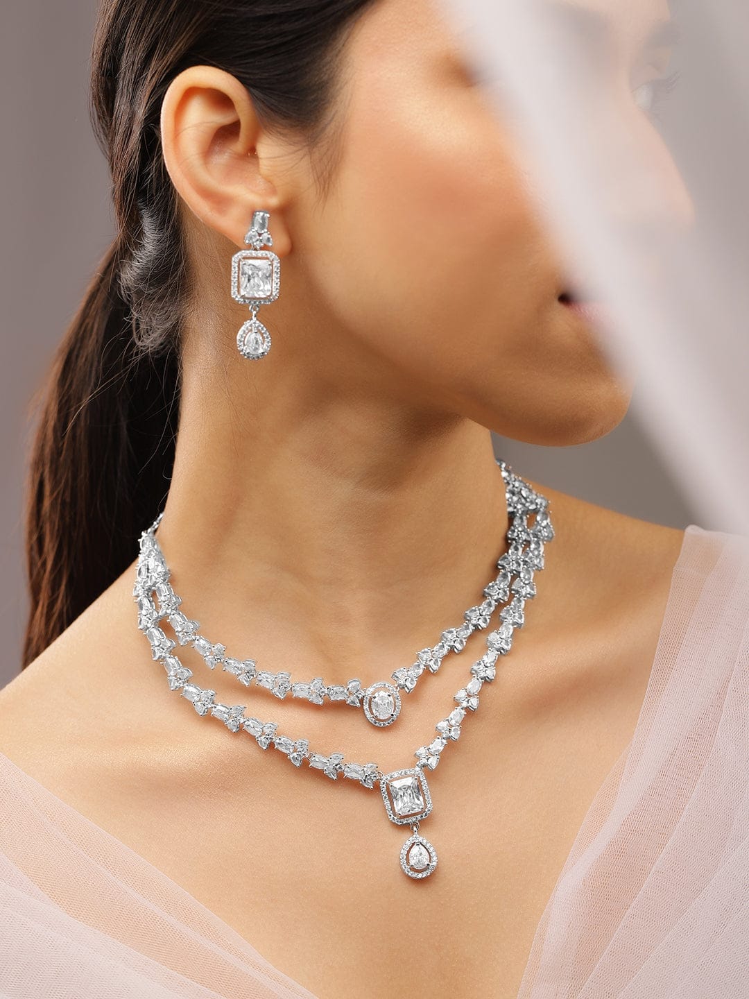 Rubans Rhodium-Plated White Cubic Zirconia Studded Luxe Double-Layer Necklace Set Jewellery Set