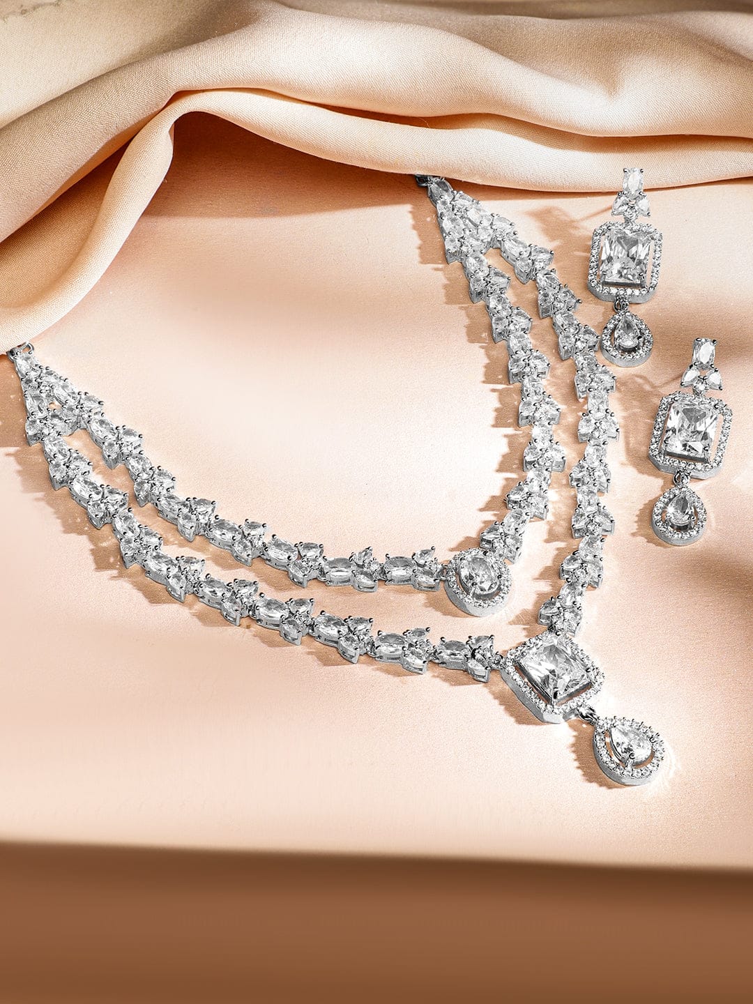 Rubans Rhodium-Plated White Cubic Zirconia Studded Luxe Double-Layer Necklace Set Jewellery Set