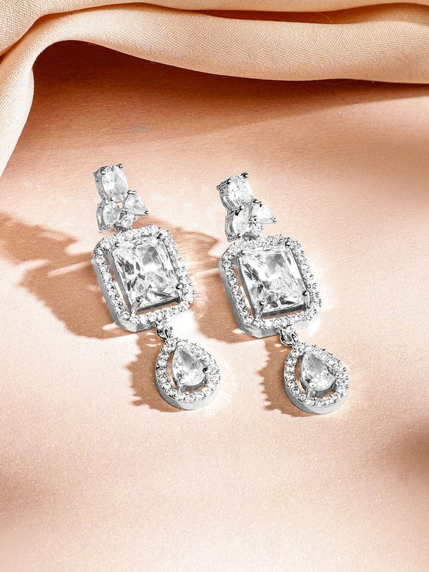 Rubans Rhodium-Plated White Cubic Zirconia Studded Luxe Double-Layer Necklace Set Jewellery Set