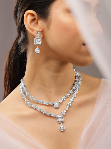 Rubans Rhodium-Plated White Cubic Zirconia Studded Luxe Double-Layer Necklace Set Necklace Set
