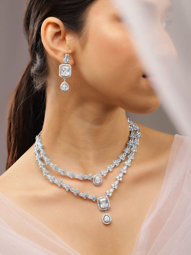 Rubans Rhodium-Plated White Cubic Zirconia Studded Luxe Double-Layer Necklace Set Necklace Set