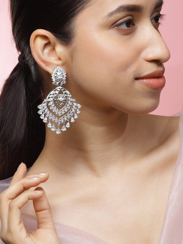 Rubans Rhodium-Plated White Cubic Zirconia Studded Multi-Layered Drop Chandelier Earrings Chandelier Earrings