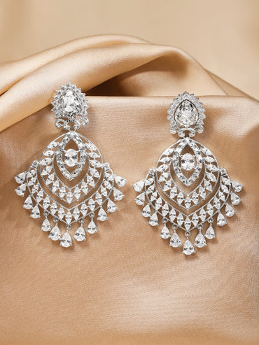Rubans Rhodium-Plated White Cubic Zirconia Studded Multi-Layered Drop Chandelier Earrings Earrings