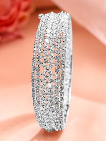 Rubans Rhodium-Plated White Cubic Zirconia Studded Openable Bracelet with Classic Design Bangles & Bracelets