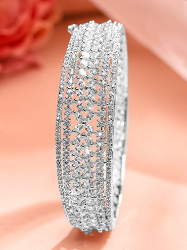 Rubans Rhodium-Plated White Cubic Zirconia Studded Openable Bracelet with Classic Design Bangles & Bracelets