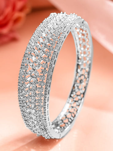 Rubans Rhodium-Plated White Cubic Zirconia Studded Openable Bracelet with Classic Design Bangles & Bracelets