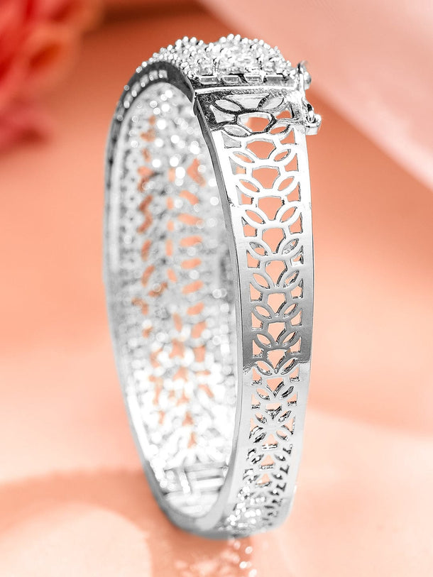 Rubans Rhodium-Plated White Cubic Zirconia Studded Openable Bracelet with Classic Design Bangles & Bracelets