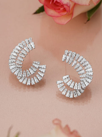 Rubans Rhodium-Plated White Cubic Zirconia Studded Spiral Design Stud Earrings Earrings
