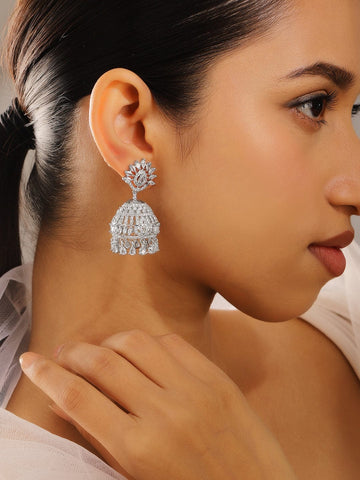 Rubans Rhodium-Plated White Cubic Zirconia Studded Statement Jhumka Earrings for Women Earrings