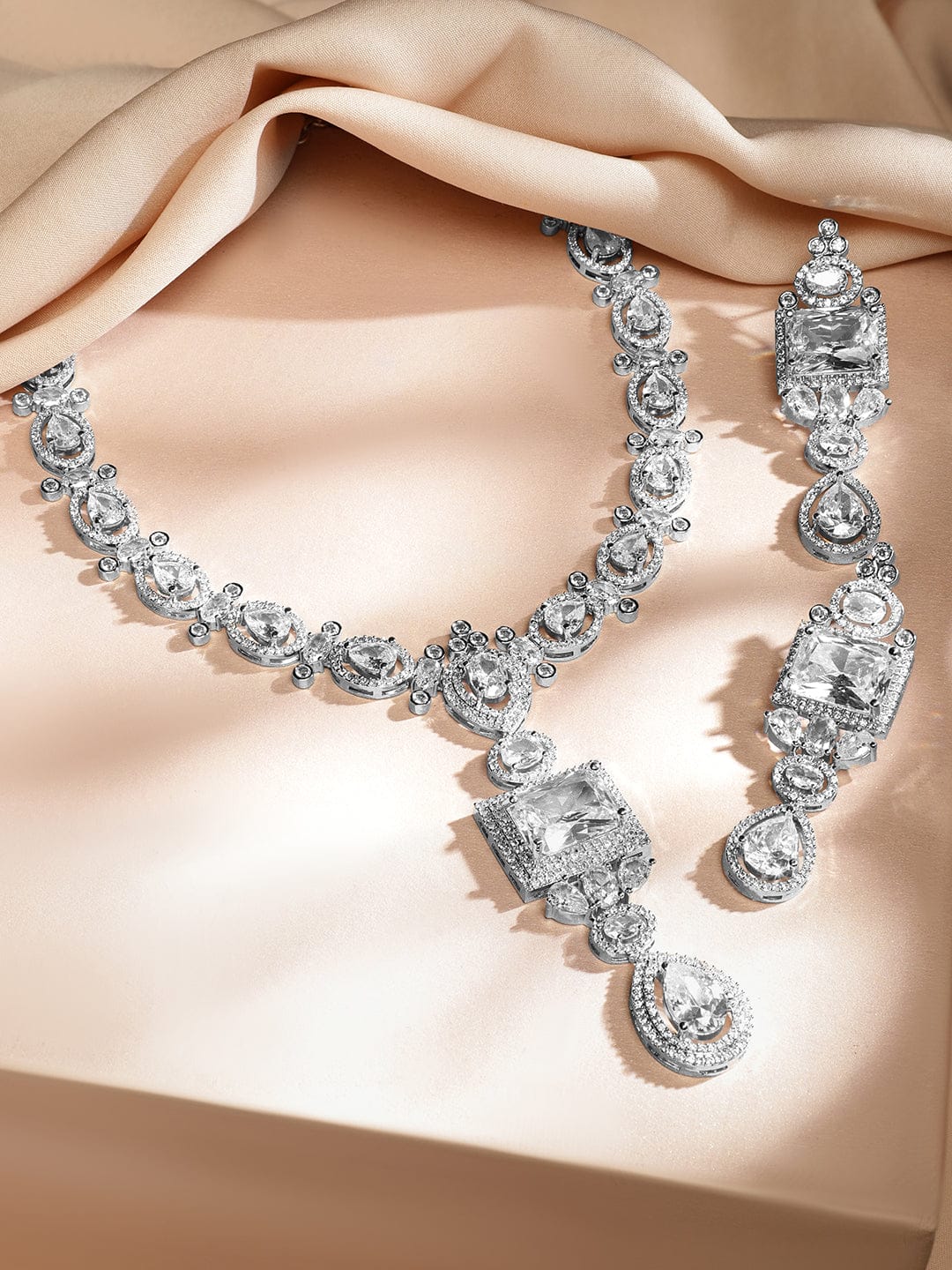 Rubans Rhodium-Plated White Cubic Zirconia Studded Statement Luxe Jewellery Set Jewellery Set