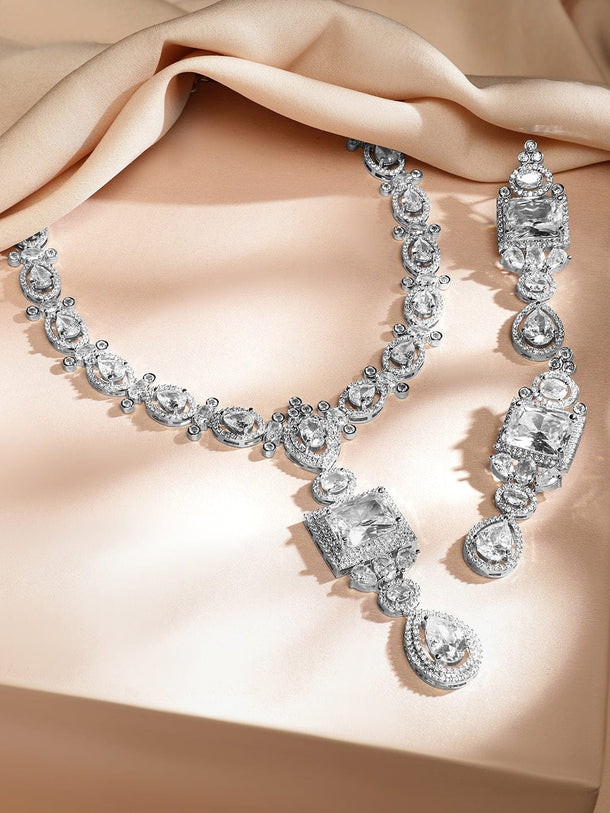 Rubans Rhodium-Plated White Cubic Zirconia Studded Statement Luxe Jewellery Set Jewellery Set