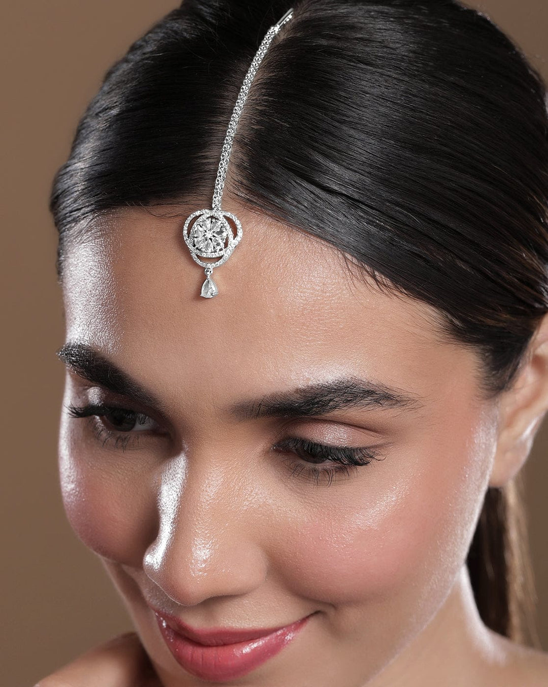 Rubans Rhodium-Plated White Cubic Zirconia Studded Statement Maang Tikka Head Jewellery