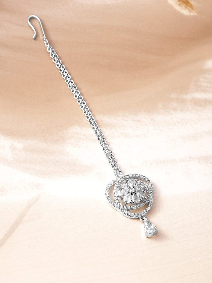Rubans Rhodium-Plated White Cubic Zirconia Studded Statement Maang Tikka Head Jewellery