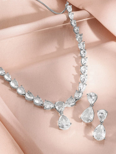 Rubans Rhodium-Plated White Cubic Zirconia Studded Statement Necklace Set Jewellery Set