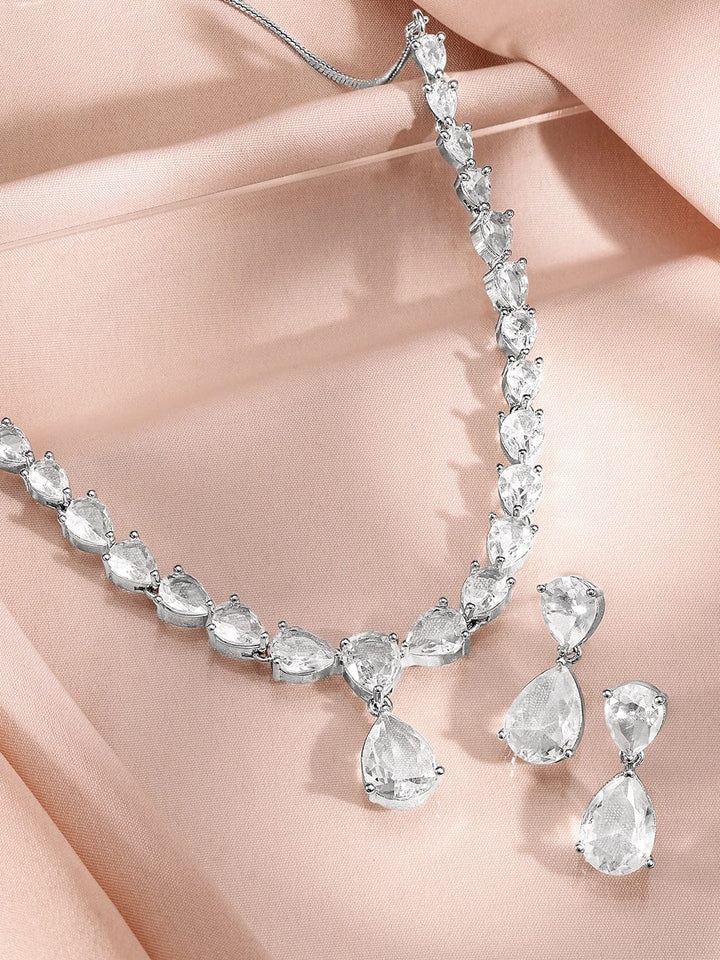 Rubans Rhodium-Plated White Cubic Zirconia Studded Statement Necklace Set Jewellery Set