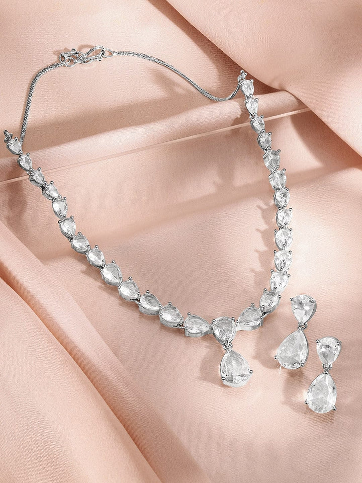 Rubans Rhodium-Plated White Cubic Zirconia Studded Statement Necklace Set Jewellery Set