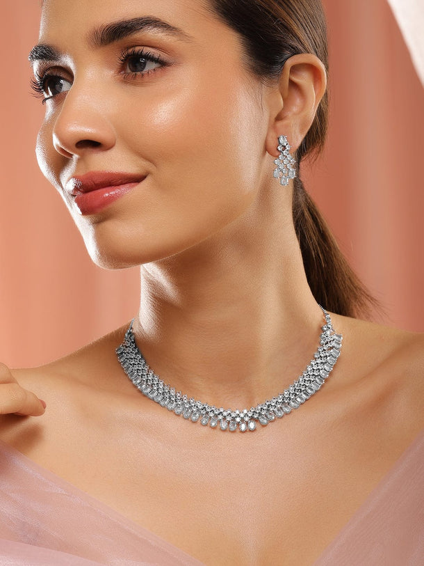 Rubans Rhodium-Plated White Cubic Zirconia Studded Statement Necklace Set Necklaces, Necklace Sets, Chains & Mangalsutra