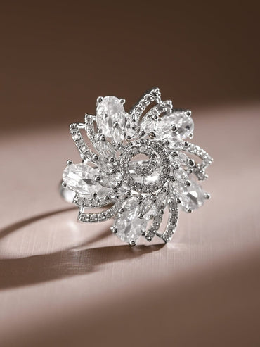 Rubans Rhodium-Plated White Cubic Zirconia Studded Swirl Design Adjustable Statement Ring Rings