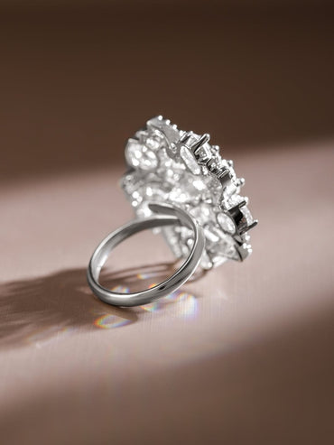 Rubans Rhodium-Plated White Cubic Zirconia Studded Swirl Design Adjustable Statement Ring Rings