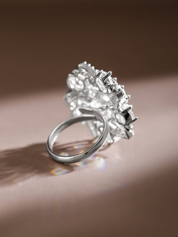 Rubans Rhodium-Plated White Cubic Zirconia Studded Swirl Design Adjustable Statement Ring Rings