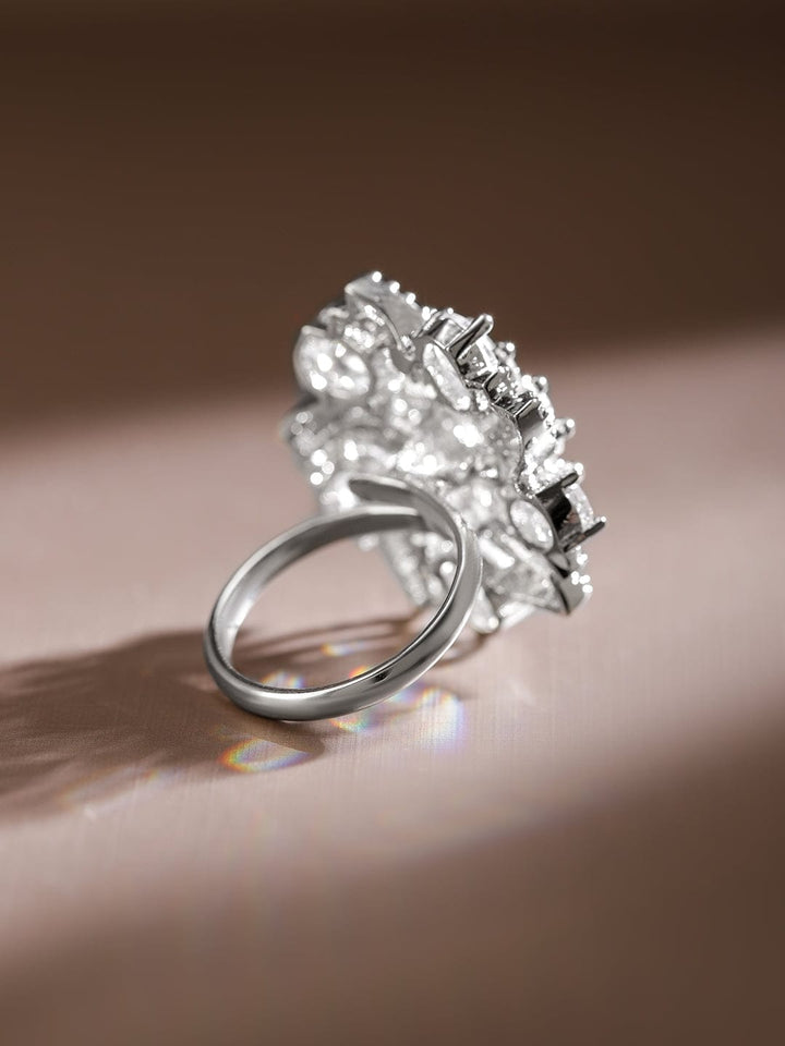 Rubans Rhodium-Plated White Cubic Zirconia Studded Swirl Design Adjustable Statement Ring Rings