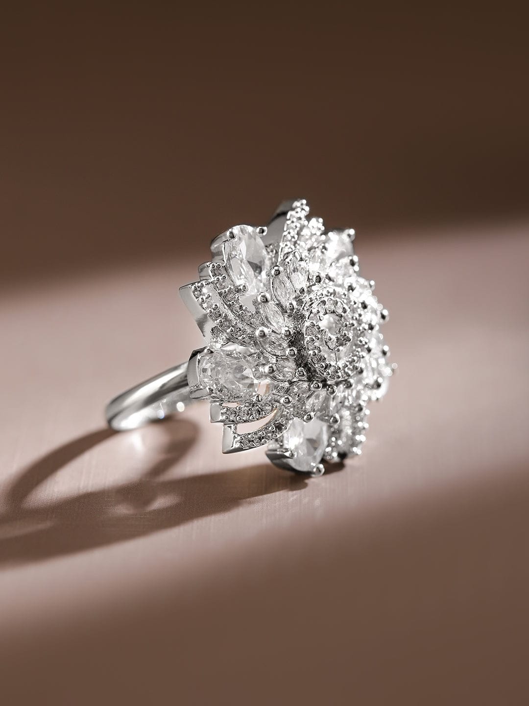 Rubans Rhodium-Plated White Cubic Zirconia Studded Swirl Design Adjustable Statement Ring Rings