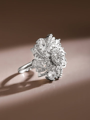 Rubans Rhodium-Plated White Cubic Zirconia Studded Swirl Design Adjustable Statement Ring Rings