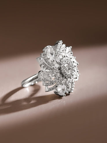 Rubans Rhodium-Plated White Cubic Zirconia Studded Swirl Design Adjustable Statement Ring Rings