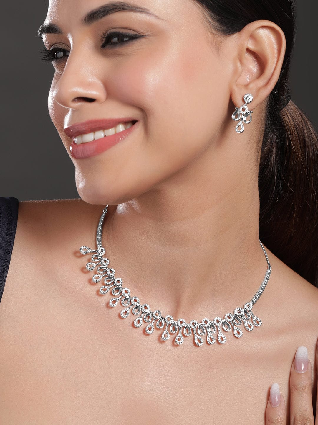 Rubans Rhodium-Plated White Cubic Zirconia Studded Teardrop Necklace Set Jewellery Set