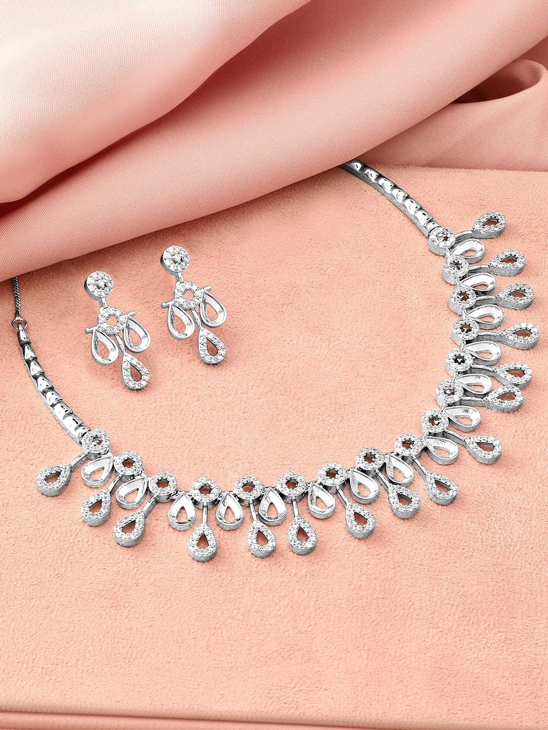 Rubans Rhodium-Plated White Cubic Zirconia Studded Teardrop Necklace Set Jewellery Set