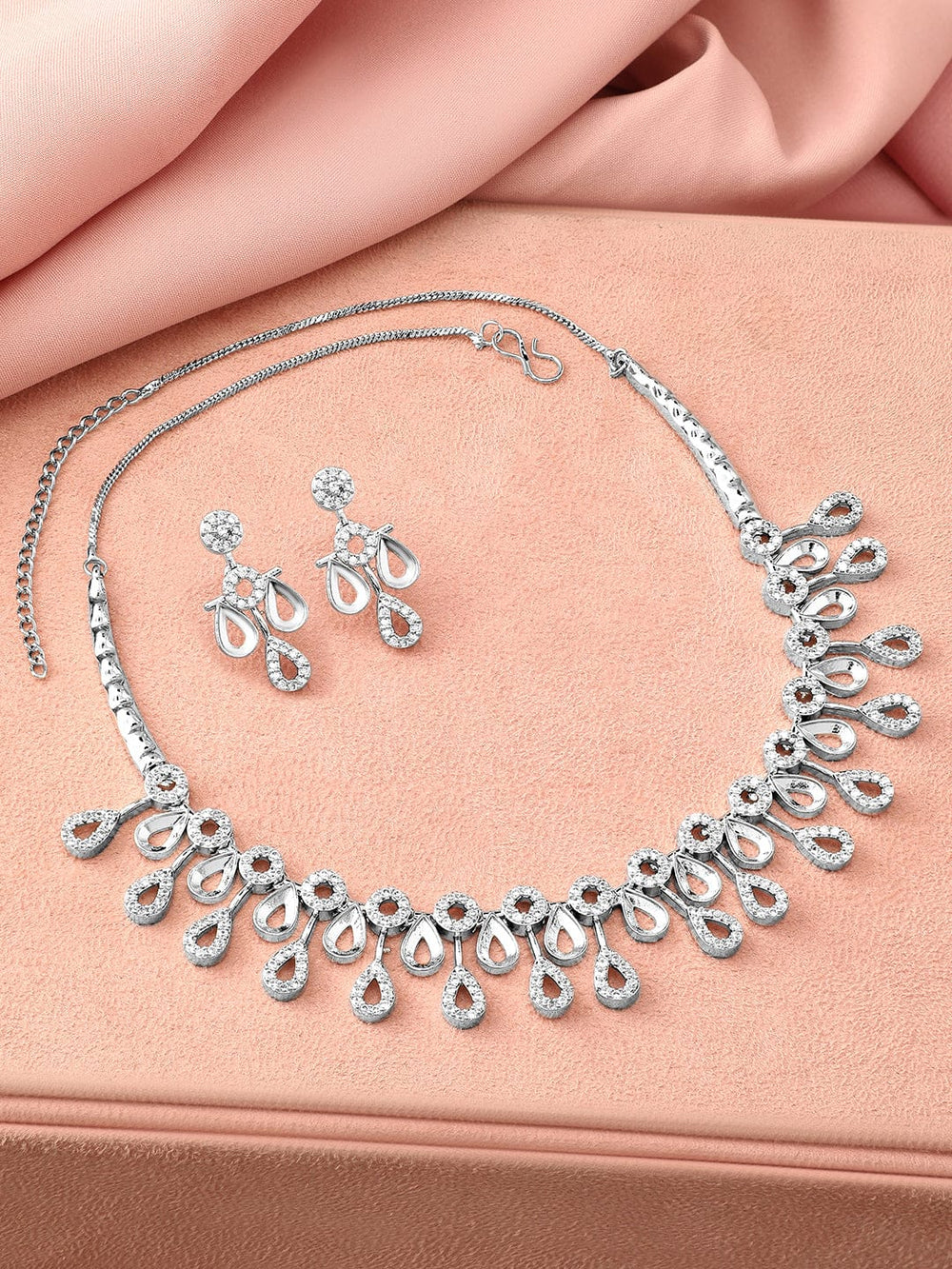 Rubans Rhodium-Plated White Cubic Zirconia Studded Teardrop Necklace Set Jewellery Set