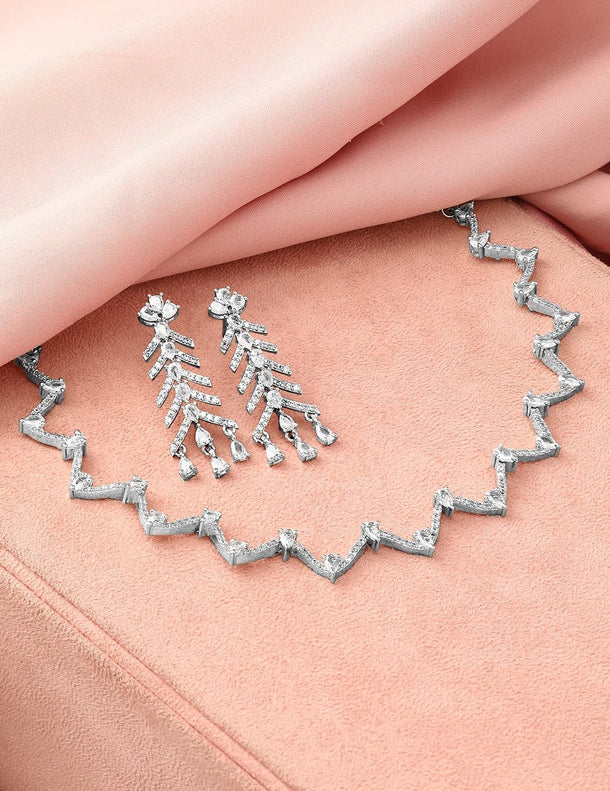 Rubans Rhodium-Plated White Cubic Zirconia Zigzag Design Necklace Set with Drop Earrings Jewellery Set