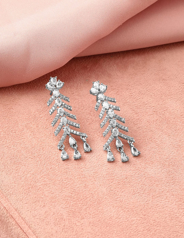 Rubans Rhodium-Plated White Cubic Zirconia Zigzag Design Necklace Set with Drop Earrings Jewellery Set