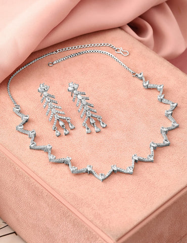 Rubans Rhodium-Plated White Cubic Zirconia Zigzag Design Necklace Set with Drop Earrings Jewellery Set