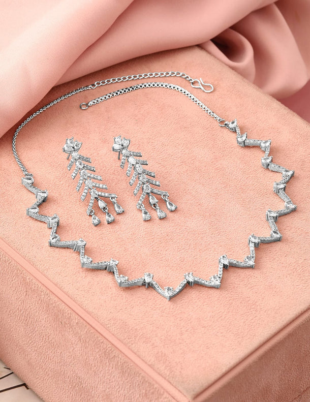 Rubans Rhodium-Plated White Cubic Zirconia Zigzag Design Necklace Set with Drop Earrings Jewellery Set
