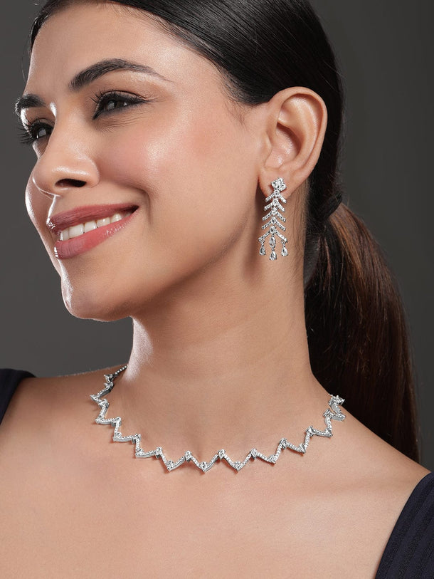 Rubans Rhodium-Plated White Cubic Zirconia Zigzag Design Necklace Set with Drop Earrings Necklace Set