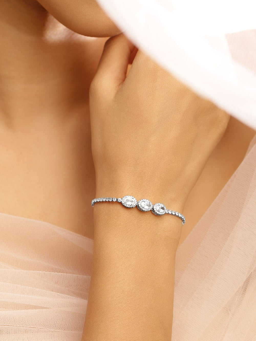 Rubans Rhodium-Plated White CubicZirconia Adjustable Pull Chain Bracelet Elegant & Stylish Bangles & Bracelets