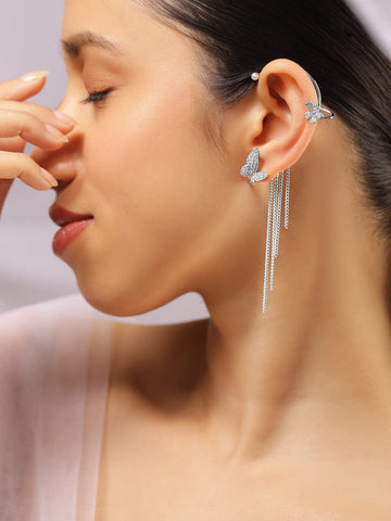 Rubans Rhodium Plated White CubicZirconia Butterfly & Multi layer & Pearl Ear Cuff Earring Ear Cuff Earrings