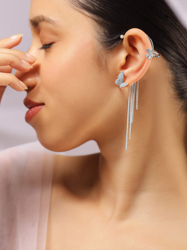 Rubans Rhodium Plated White CubicZirconia Butterfly & Multi layer & Pearl Ear Cuff Earring Ear Cuff Earrings