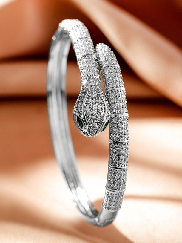 Rubans Rhodium-Plated White CubicZirconia Studded Luxe Demi-Fine Openable Panther Bracelet Wristwear