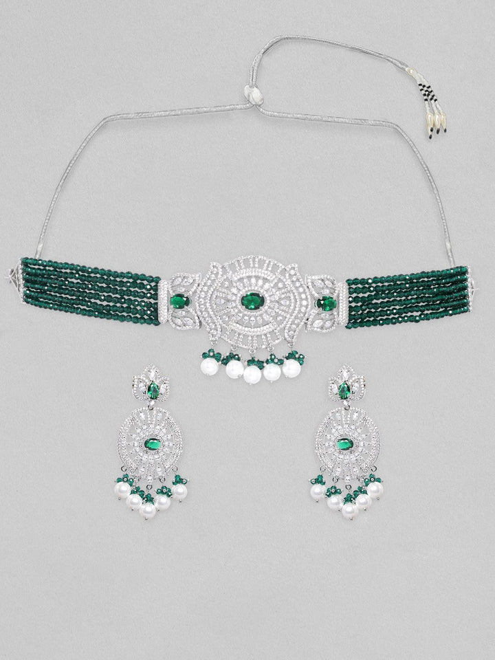 Rubans Rhodium-Plated White & Green Zircons Stones Necklace & Earring Set. Necklace Set