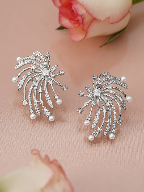 Rubans Rhodium-Plated White Pearl & AD Studded Firework Design Stud Earrings Earrings