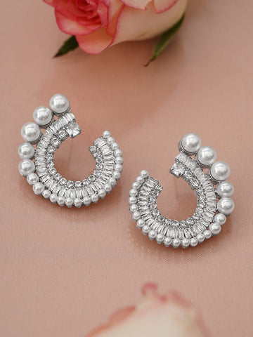 Rubans Rhodium-Plated White Pearl & Cubic Zirconia Studded Spiral Design Stud Earrings Earrings