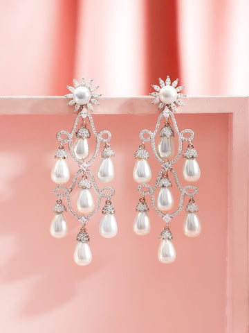 Rubans Rhodium-Plated White Pearl Drop & Cubic Zirconia Studded Handcrafted Chandelier Earrings Earrings