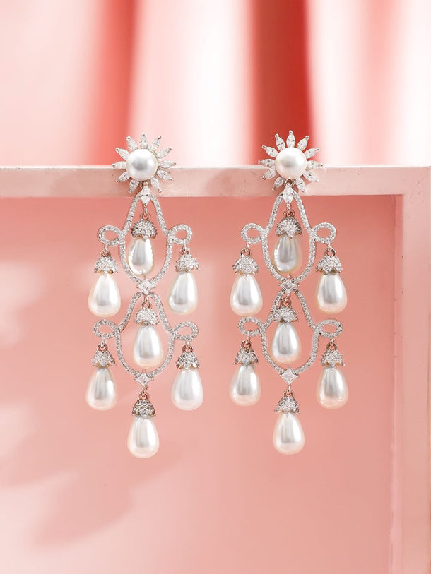 Rubans Rhodium-Plated White Pearl Drop & Cubic Zirconia Studded Handcrafted Chandelier Earrings Earrings