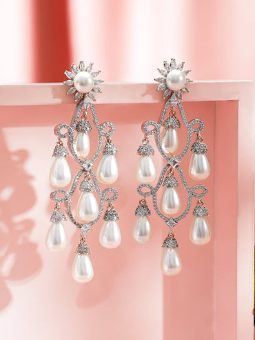 Rubans Rhodium-Plated White Pearl Drop & Cubic Zirconia Studded Handcrafted Chandelier Earrings Earrings