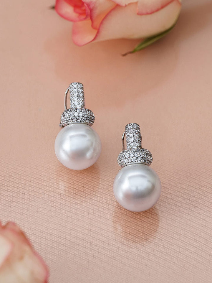 Rubans Rhodium-Plated White Pearl Drop Minimal Earrings with Cubic Zirconia Accents Earrings