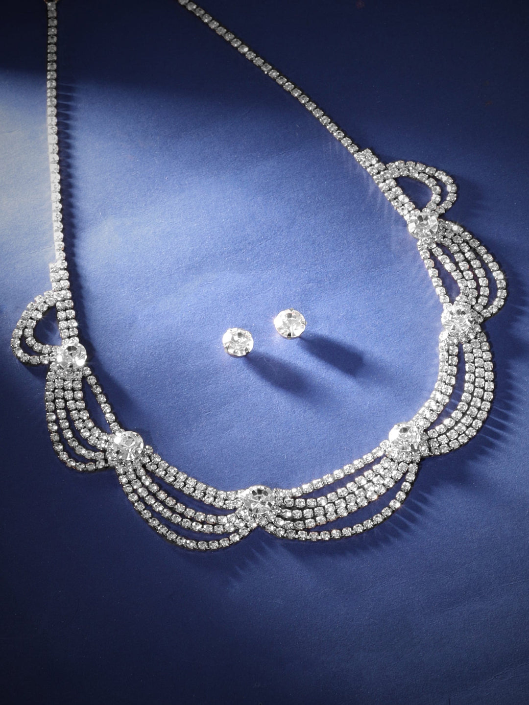 Rubans Rhodium Plated White Zirconia Studded Layered Necklace Set Necklace & Earring Combo